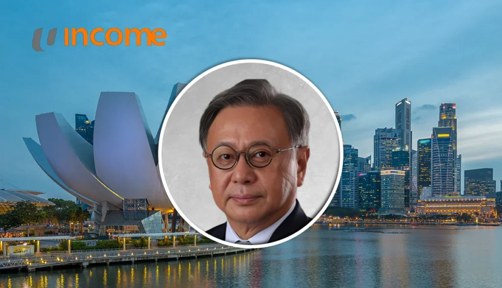 Portrait of an older man with glasses in a circular frame over a city skyline with the income logo in the top left corner.