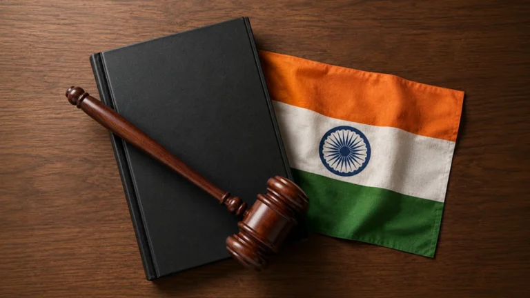 Gavel resting on a black law book with the Indian flag beside it on a wooden desk, symbolizing Indian law and justice.