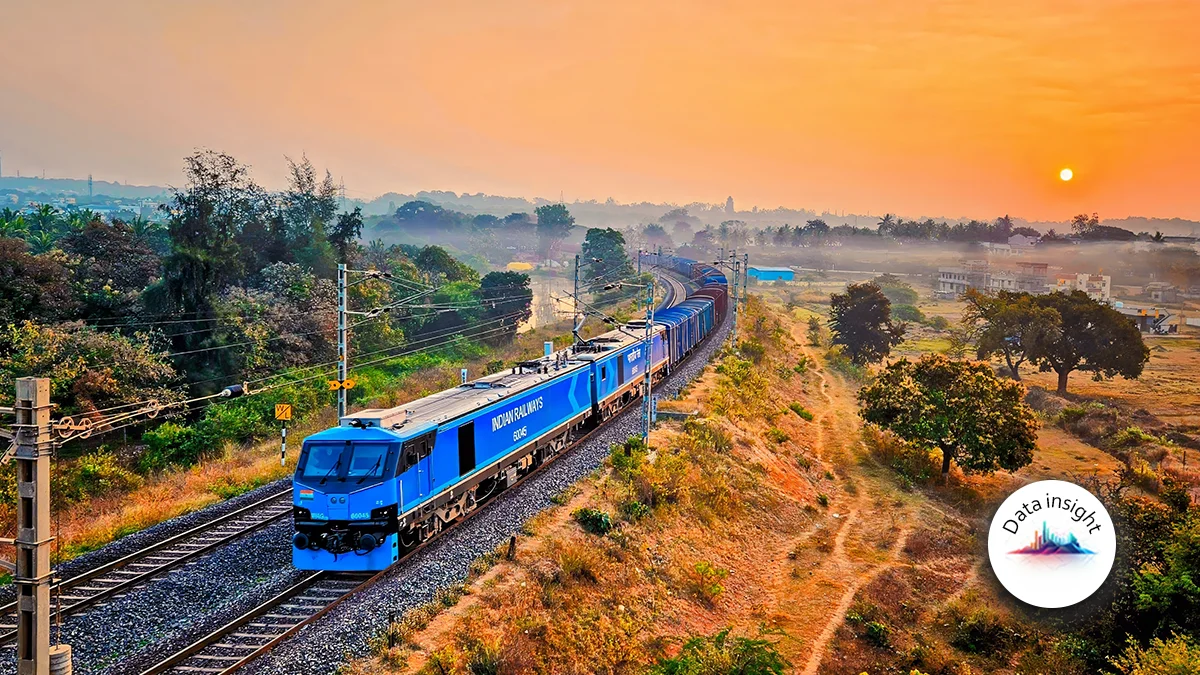 Blue Indian Railways locomotive leads a long freight train along a single-track through dry, rural fields at sunset with an orange sky.