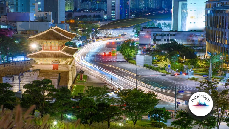 Night cityscape with a traditional pagoda gate beside a curved road and light-trail traffic; modern buildings in the background, Data Insight logo bottom-right.