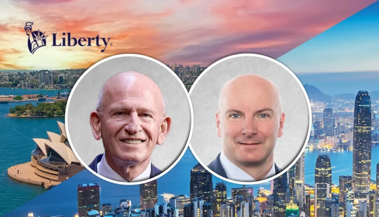 Liberty banner with two circular headshots of men over a city skyline background.