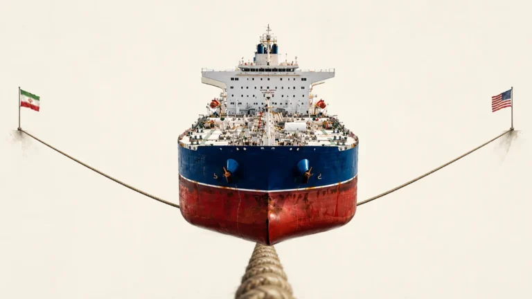 Large cargo/tanker ship painted blue and red, suspended between a rope with the Iranian flag on the left and the U.S. flag on the right, facing the viewer.