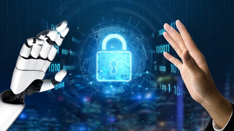 Robotic hand and human hand reaching toward a glowing digital padlock, symbolizing cybersecurity and access control.