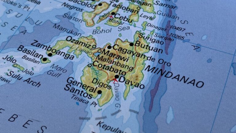 Map of Mindanao, Philippines, labeling major cities such as Davao, General Santos, Cotabato, Zamboanga, Butuan and Surigao.