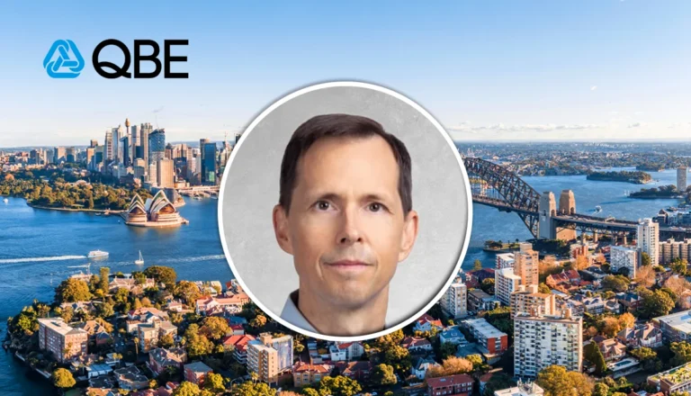 QBE logo with Sydney skyline in the background and a circular portrait of a man in the center