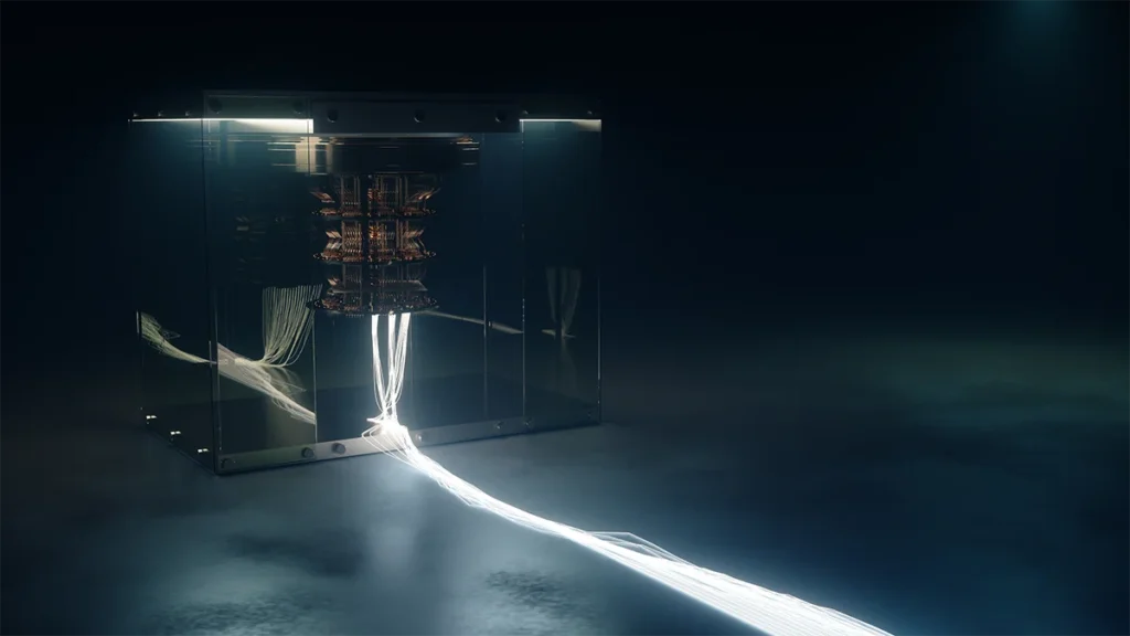 Glass-enclosed server rack in a dark lab with glowing fiber cables streaming out across the floor
