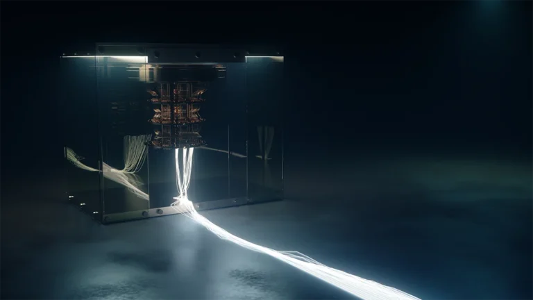 Glass-enclosed server rack in a dark lab with glowing fiber cables streaming out across the floor