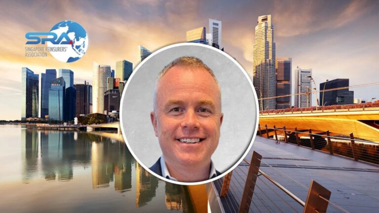 Banner featuring the Singapore Reinsurers Association logo, a sunset city skyline, and a circular photo of a smiling man centered.