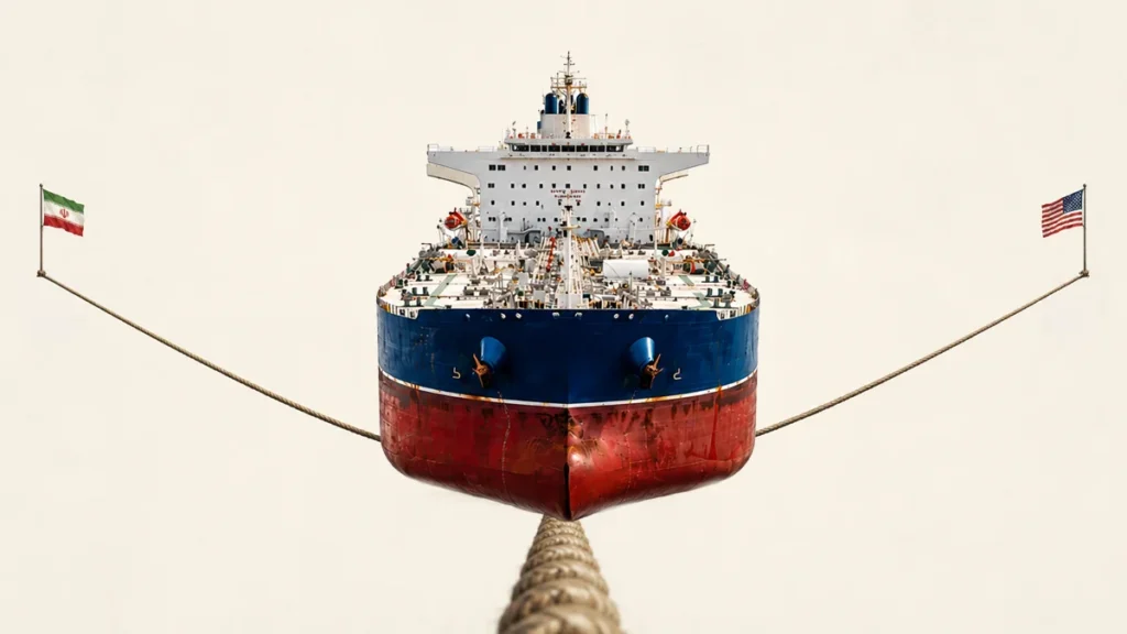 Large cargo ship with blue upper hull and red bottom balanced on a thick rope, flags of Iran and the United States at each end, conveying geopolitical tension.
