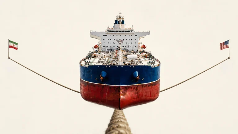 Large cargo ship with blue upper hull and red bottom balanced on a thick rope, flags of Iran and the United States at each end, conveying geopolitical tension.