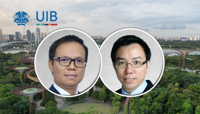 Two men in circular portrait frames with a UIB logo above, set against a city park backdrop (informational graphic introducing speakers).