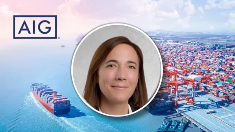 Anouk Sireude, new head of marine at AIG, in front of a port with cargo ships.