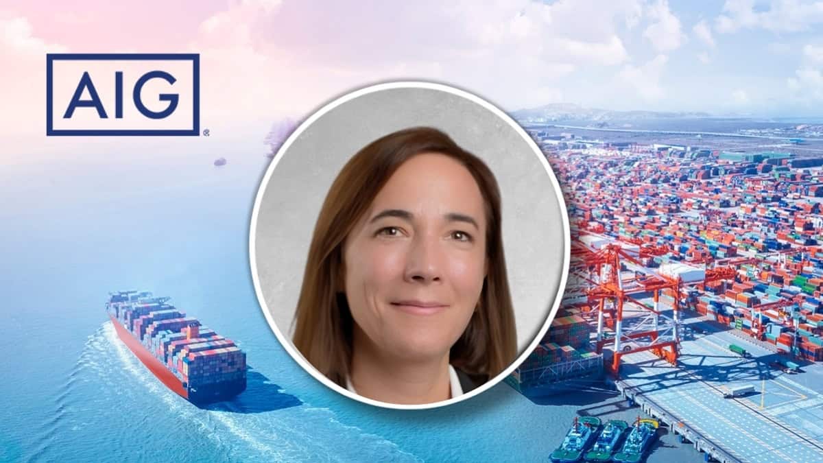Anouk Sireude, new head of marine at AIG, in front of a port with cargo ships.