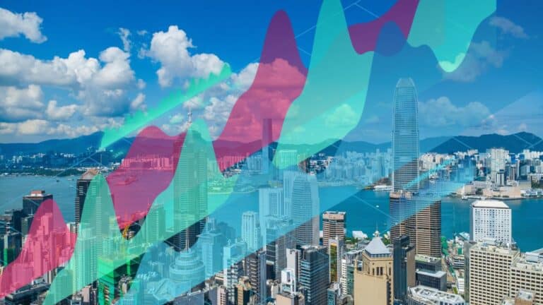 City skyline overlaid with multicolored translucent line graphs representing data trends.