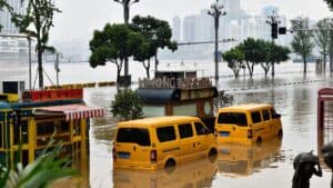 Two yellow vans partially submerged in muddy floodwater on a city street, with trees, a river, and tall buildings in the background.