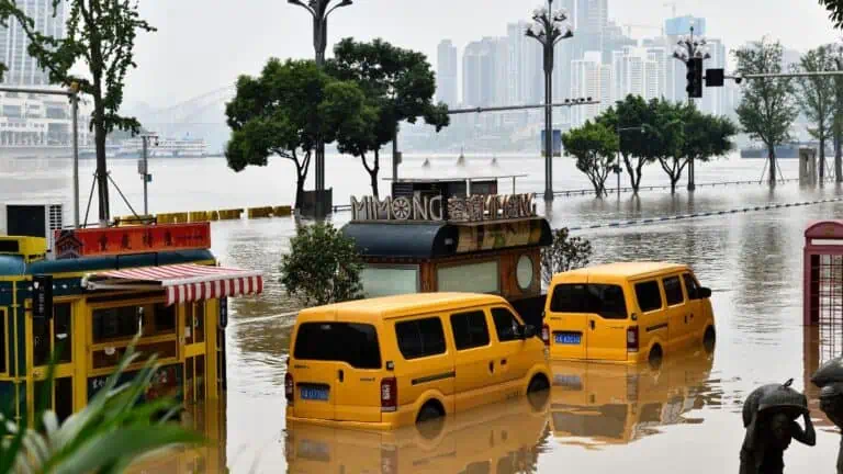 Two yellow vans partially submerged in muddy floodwater on a city street, with trees, a river, and tall buildings in the background.