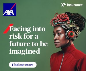 AXA Insurance ad: woman in a red outfit wearing a futuristic headset on a green background; slogan about facing risk with a 'Find out more' button.