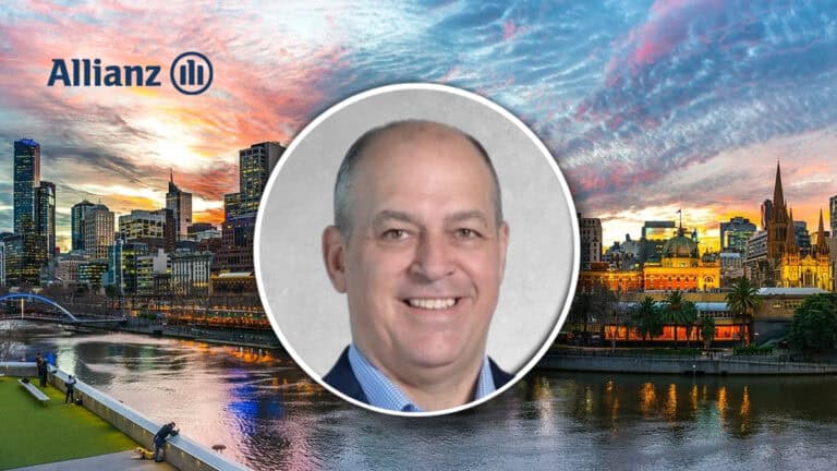 Allianz banner with logo over a sunset city skyline and a centered circular portrait of a smiling man.