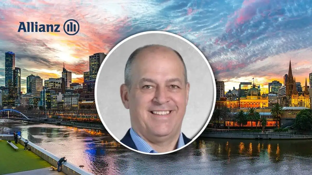 Allianz banner with logo over a sunset city skyline and a centered circular portrait of a smiling man.