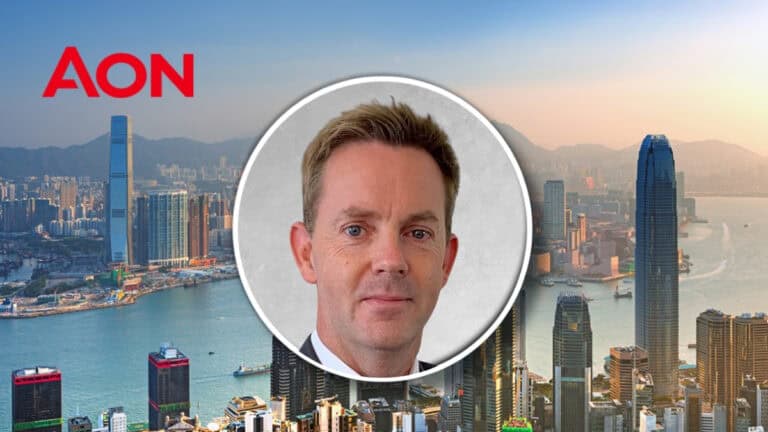 AON logo over a Hong Kong skyline with a circular framed portrait of a man in the center.