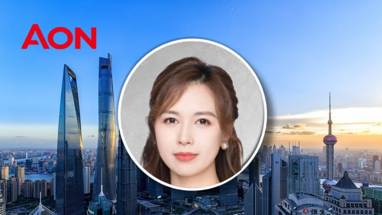 Portrait photo of a woman in a circular frame over a Shanghai city skyline with the AON logo in the top-left corner.