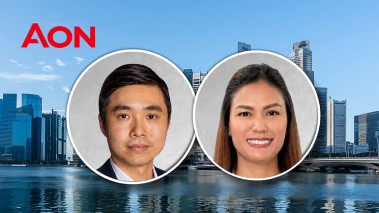 AON banner with two circular headshots of a man and a woman over a city skyline in the background.