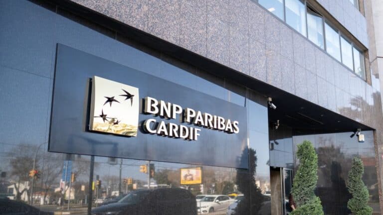 BNP Paribas Cardiff storefront with large dark facade and logo sign by the entrance.