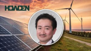 Howden branding with solar panels and wind turbines at sunset, overlaid by a circular portrait of a man.