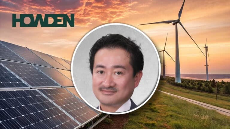 Howden branding with solar panels and wind turbines at sunset, overlaid by a circular portrait of a man.