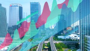 City skyline with translucent pink, green, and teal area/line graphs showing data trends over the buildings at speedway-like highways.