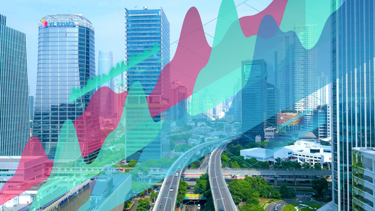 City skyline with translucent pink, green, and teal area/line graphs showing data trends over the buildings at speedway-like highways.