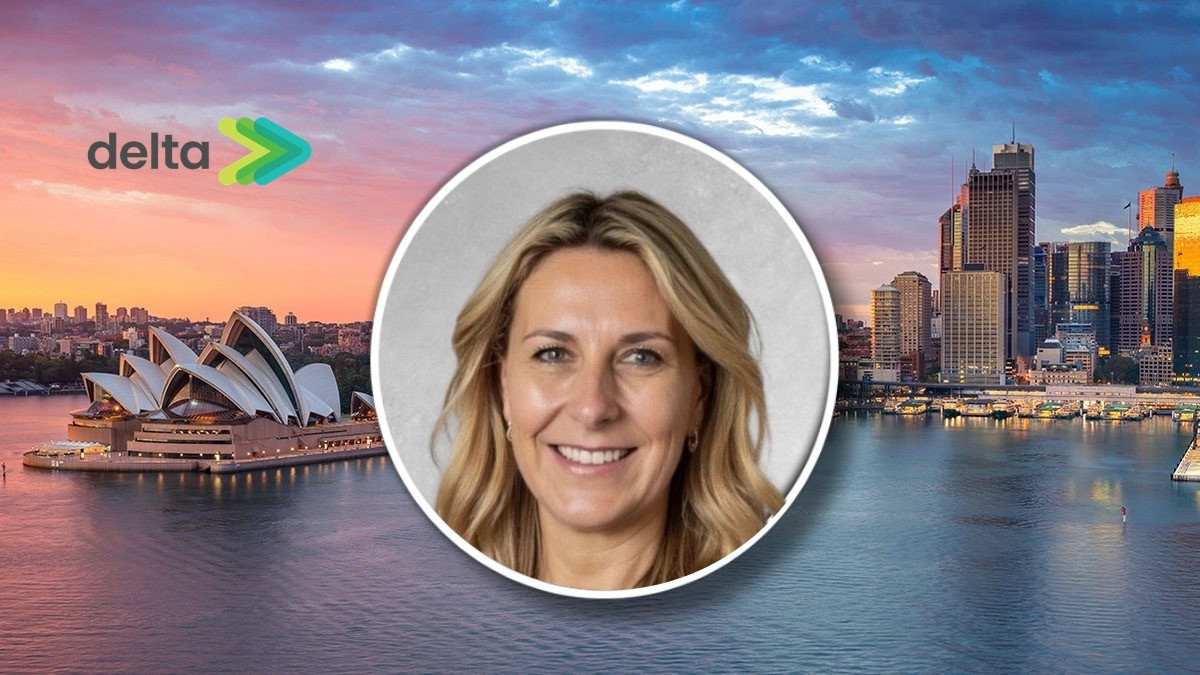 Delta branding over Sydney’s waterfront skyline with the Opera House, featuring a circular headshot of a smiling woman in the center.