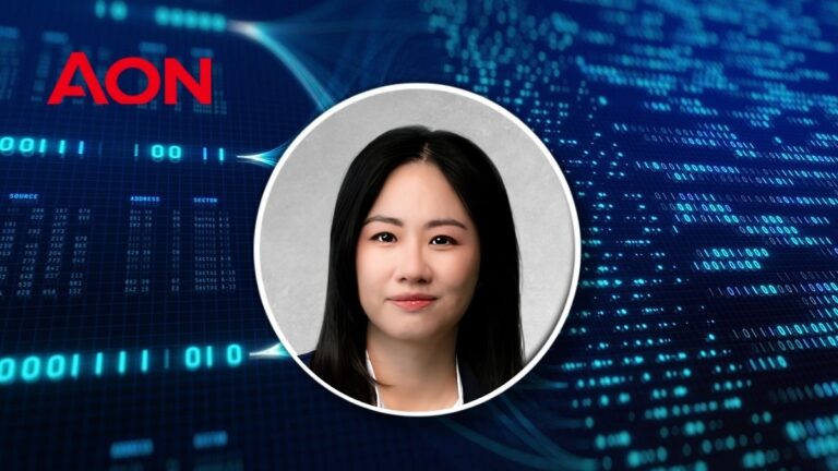 Circular headshot of an Asian woman with dark hair, placed over a blue digital data background with the AON logo.