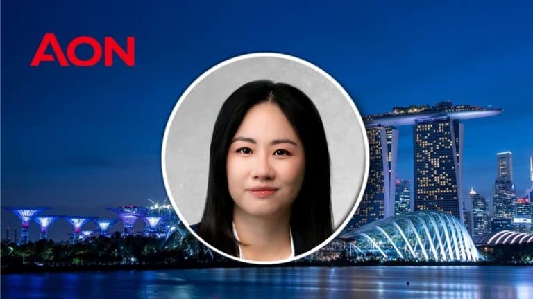 Portrait of a smiling woman in a circular frame, with Singapore city skyline and the AON logo in the background.