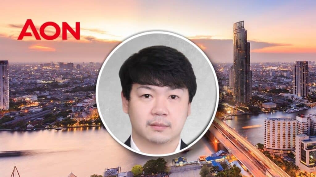 AON logo over a sunset cityscape with a circular headshot of a man in the foreground.