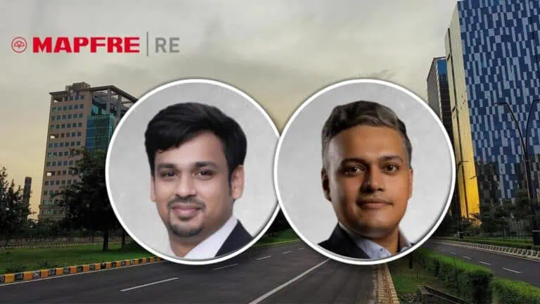 MAPFRE RE branding with two circular headshots of men in business attire against an urban street background.