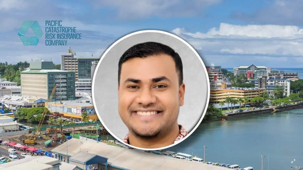Smiling man’s headshot in a circular frame placed over a coastal cityscape with the Pacific Catastrophe Risk Insurance Company logo.