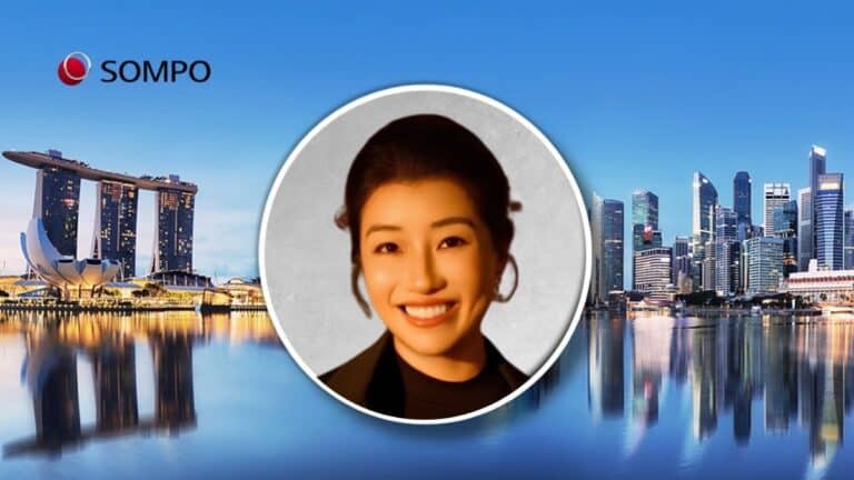 Smiling woman in a circular frame over a Singapore city skyline with the SOMPO logo in the top left corner.