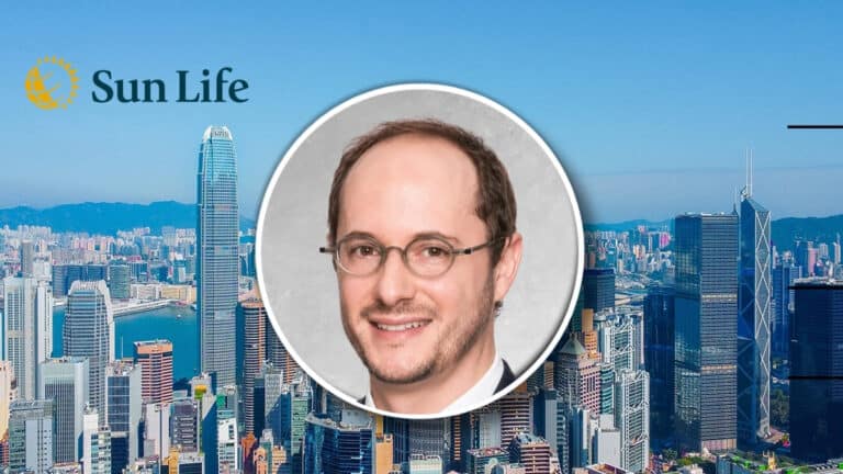 Sun Life banner with a city skyline and a circular portrait of a smiling man in glasses at center.