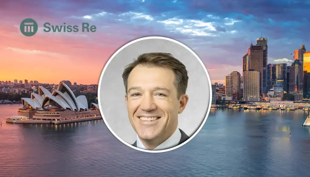 Profile header: smiling man in a circular photo over a Sydney harbor skyline with Swiss Re branding in the top left.