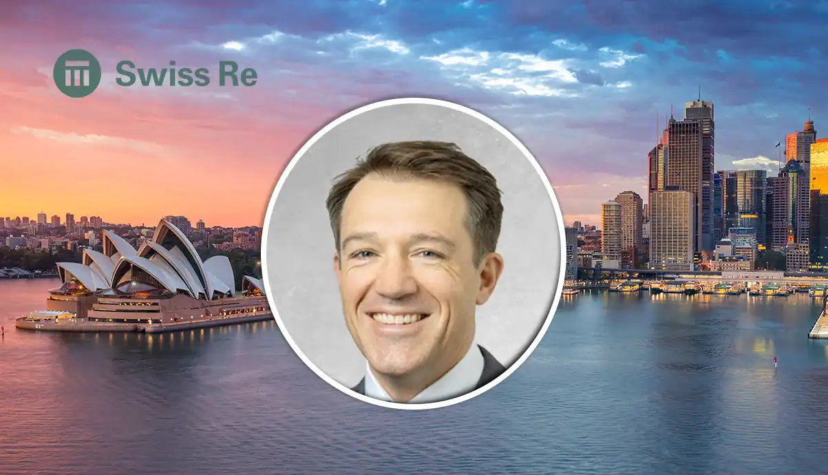 Profile header: smiling man in a circular photo over a Sydney harbor skyline with Swiss Re branding in the top left.