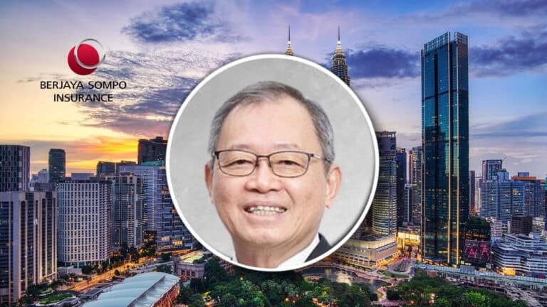 Tan Chuan Lye, Chairman of Berjaya Sompo Insurance, in front of Kuala Lumpur skyline.