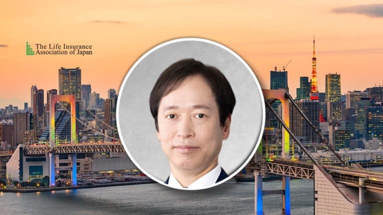 Toshiaki Sumino, Daiichi Life, becomes LIAJ chairperson, Tokyo skyline at sunset.