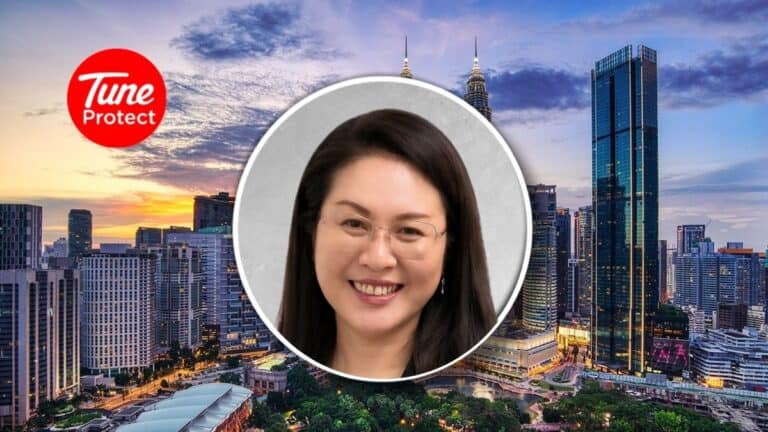 Smiling woman’s headshot in a circular frame over a city skyline with the Tune Protect logo in the upper left corner.