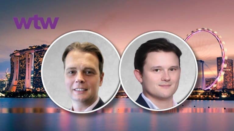 Two professional headshots in circular frames over a Singapore skyline with a purple 'wtw' logo in the corner on a sunset background