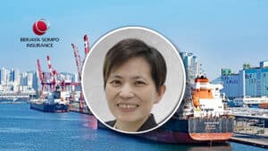 Berjaya Sompo Insurance logo beside a busy port; circular portrait of a smiling woman in the foreground.