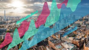 City skyline overlaid with pink, teal, and blue stock charts illustrating market growth.