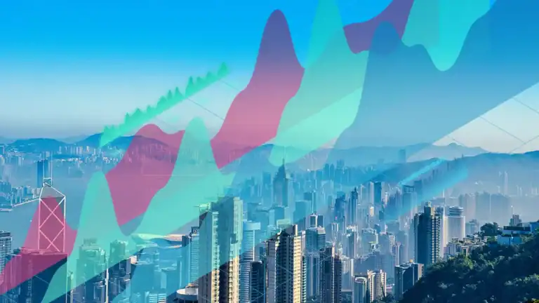 Hong Kong skyline with financial graphs overlay, related to PICC HK ratings upgrade.