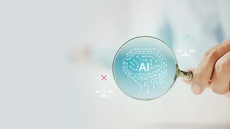 Hand holding a magnifying glass over a blue AI brain circuit graphic labeled AI, with subtle justice scales nearby (legal tech concept).