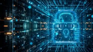 Neon blue padlock over a high-tech circuit background, symbolizing cybersecurity and data protection.